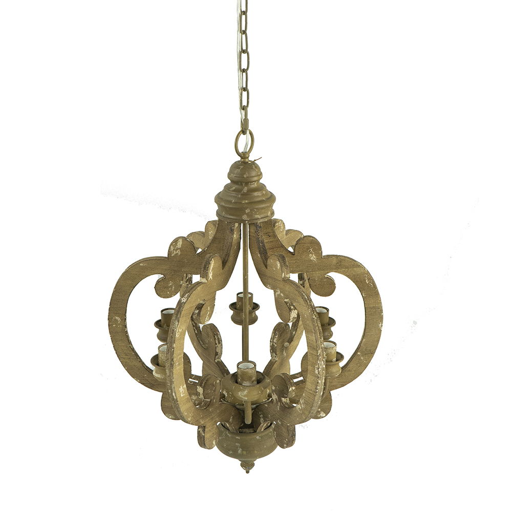 Farmhouse Chandelier, 6 Light Wood Chandelier Pendant Light Fixture With Adjustable Chain For Dining Room Living Room Entryway, Bulb Not Included - Beige Brown