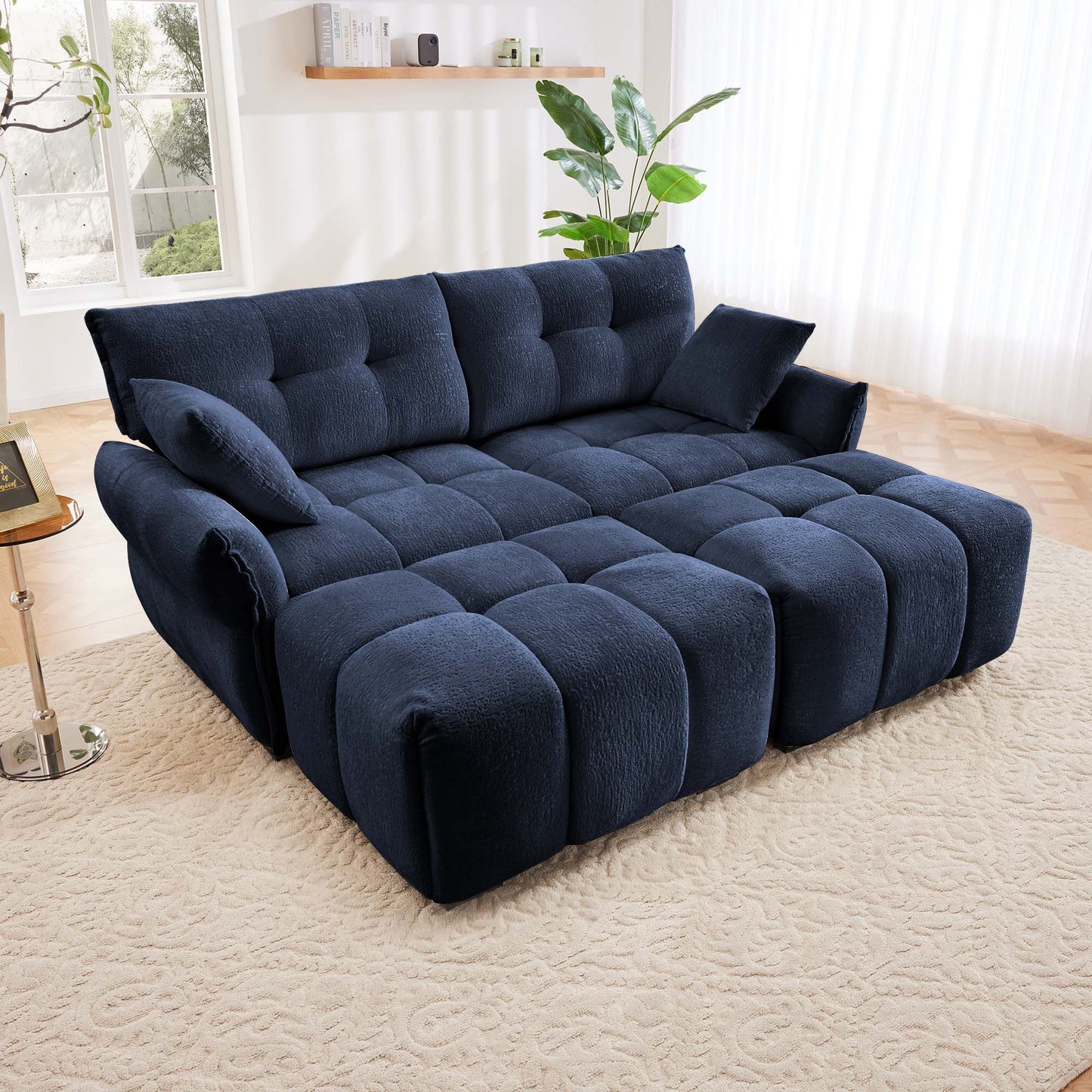 Cozy Plush 2 Seater Sofa Set With Ottomans And Throw Pillows - Blue