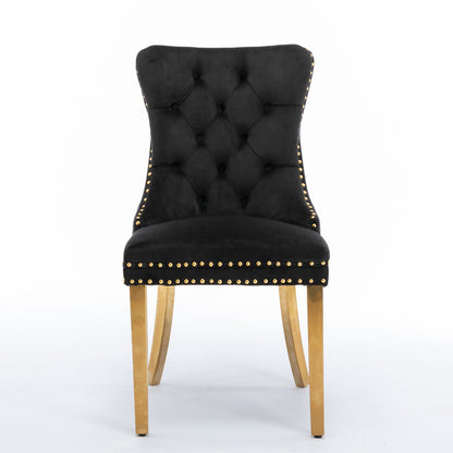 Nikki - Modern, High-End Tufted Solid Wood Contemporary Velvet Upholstered Dining Chair With Golden Stainless Steel Plating Legs, Nailhead Trim (Set of 2) - Black