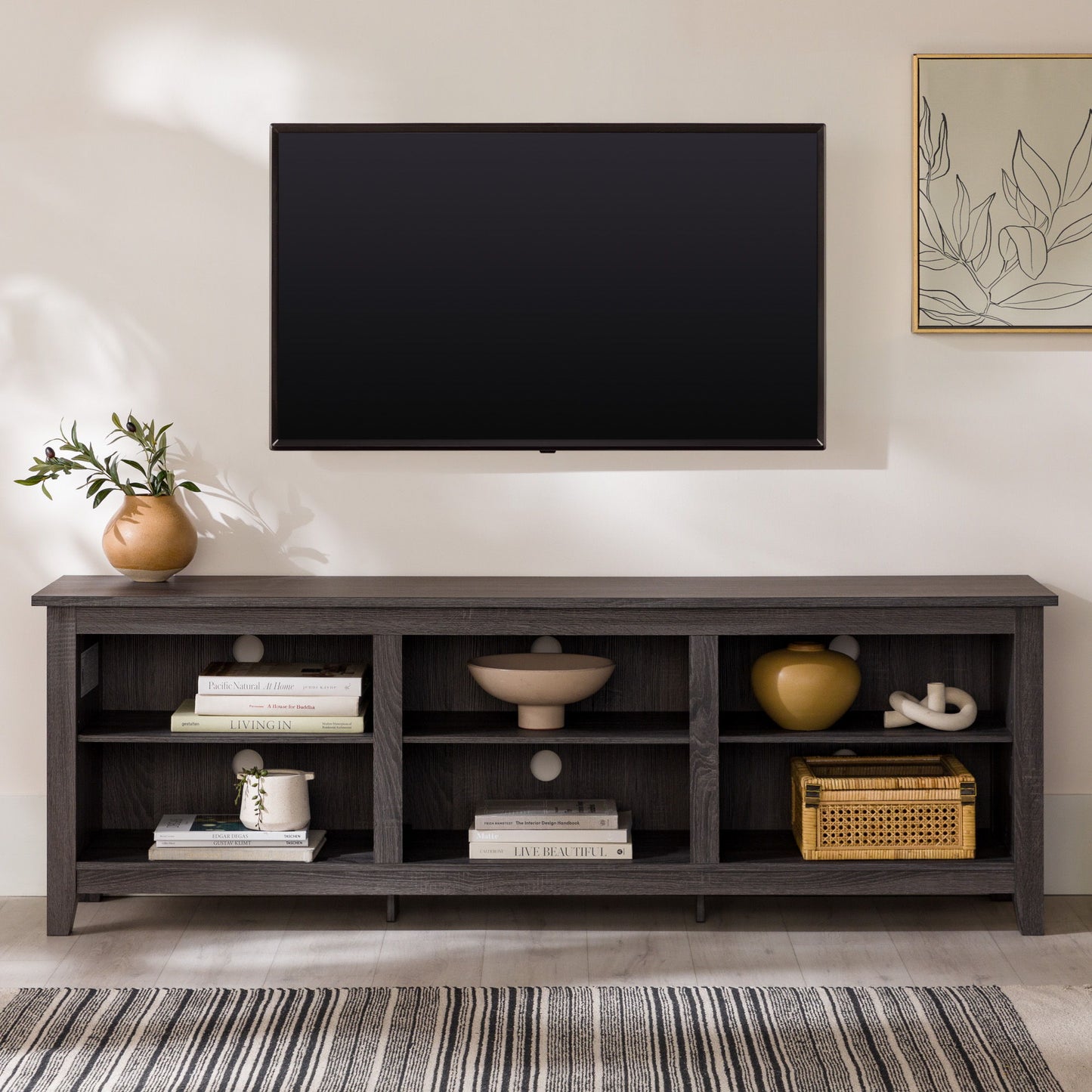 Modern Transitional 3 Shelf Open Storage 70" TV Stand For 80" TVs - Charcoal