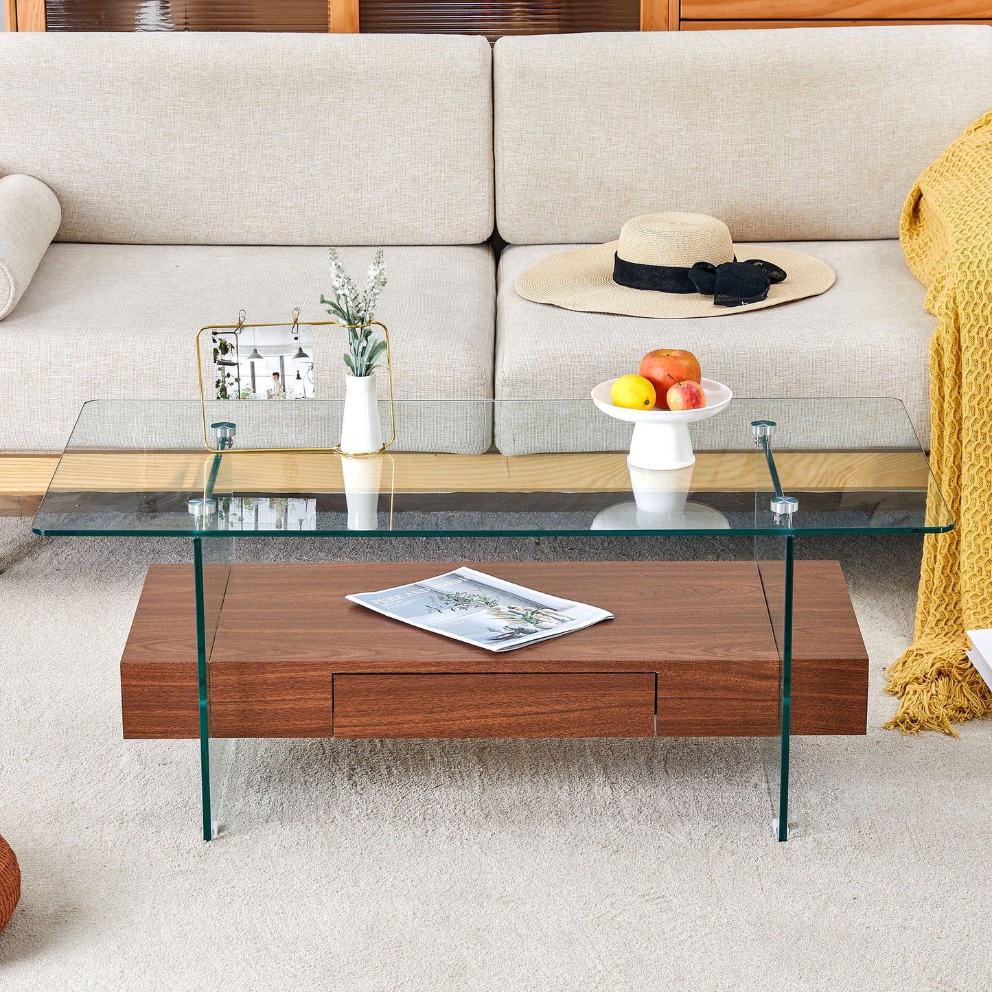 Modern 2 Tier Coffee Table With Drawer Clear Tempered Glass, Multifunctional Storage - Transparent / Wood