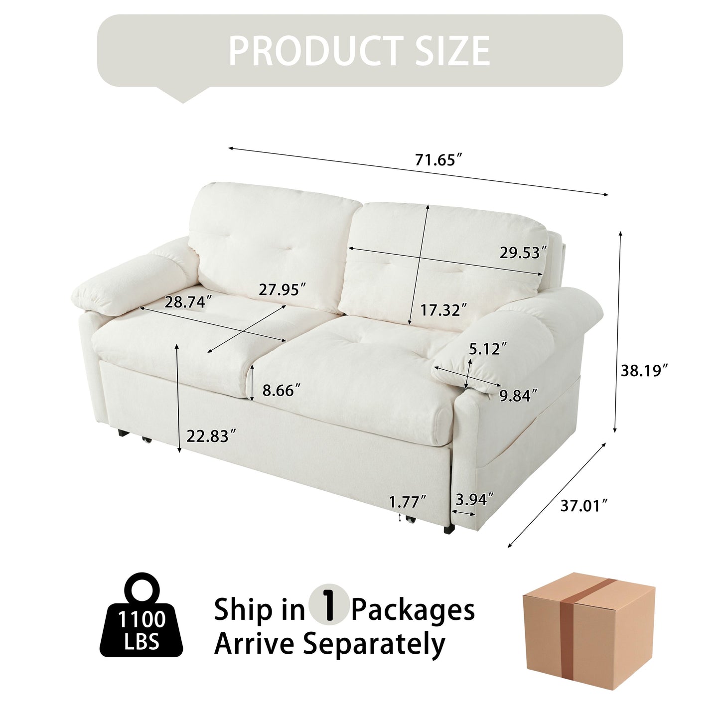 Modern Convertible Sleeper Sofa Bed With Pull Out Queen Design, Side Storage & Thick Cushions Chenille Loveseat For Living Room Or Bedroom 3 In 1 Function - Beige