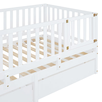 Twin Size Daybed With Fence Guardrails And 2 Drawers, Split Into Independent Floor Bed & Daybed - White