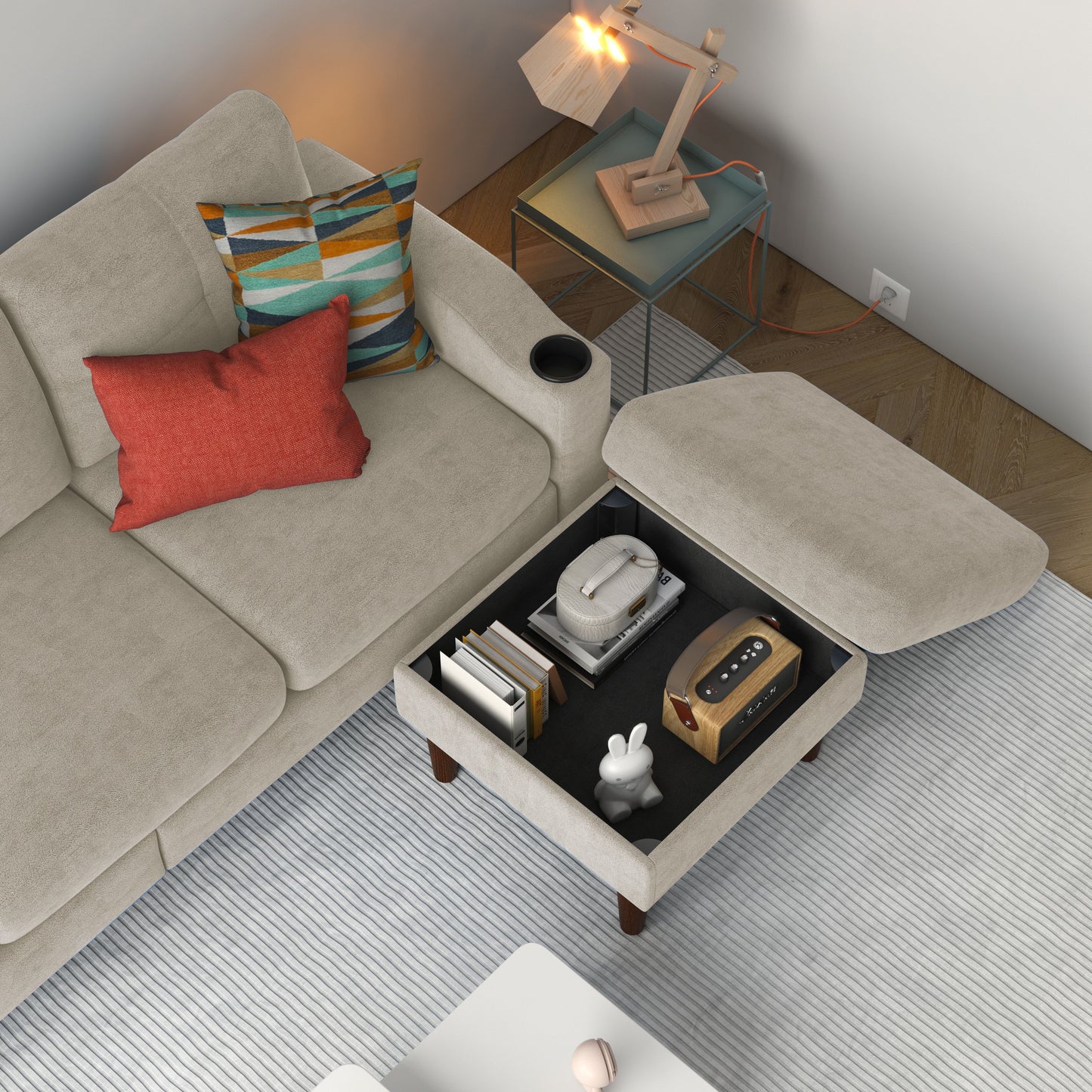 Convertible Combination Sofa, Sofa L Shaped, Sofa With Footstools With Storage Sofa For Living Room, Living Room 3 Seater Combination Sofa - Beige