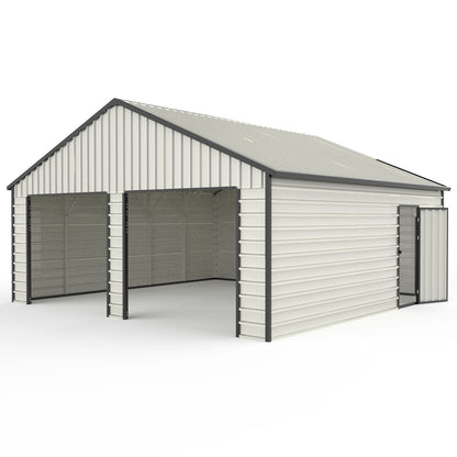 Double Garage Metal Shed With Side Entry Door, Can Storage Power Tools, Motorized Machinery, Farm Equipment, Pick Up Truck - Cream