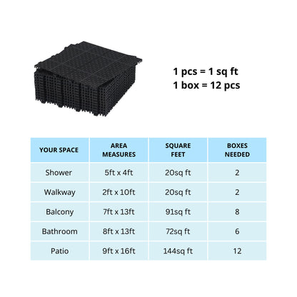 Interlocking Deck Tiles Plastic Waterproof Outdoor All Weather Anti-Slip Bathroom Shower Balcony Porch Strong Weight Capacity Upto 6613 Lbs, Rosette Pattern Pack Of 12 - Black