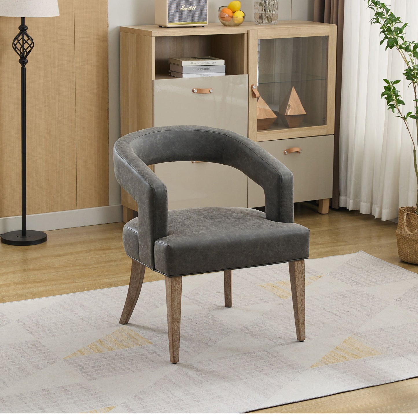 Wide Modern Barrel Open Back Upholstered Accent Chair With Weathered Solid Wood Legs Dining Chairs For Dining Room, Club, Kitchen And Living Room - Gray