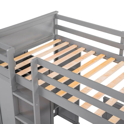 Twin Size Loft Bed With A Stand Alone Bed, Shelves, Desk, And Wardrobe - Gray