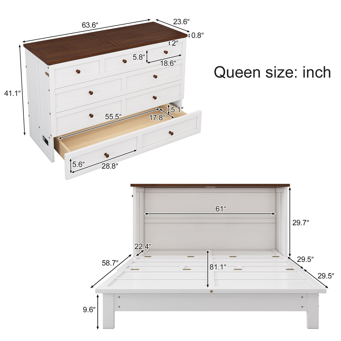 Queen Solid Pine Murphy Bed Chest With Charging Station And Large Storage Drawer For Home Office Or Small Room - White / Walnut