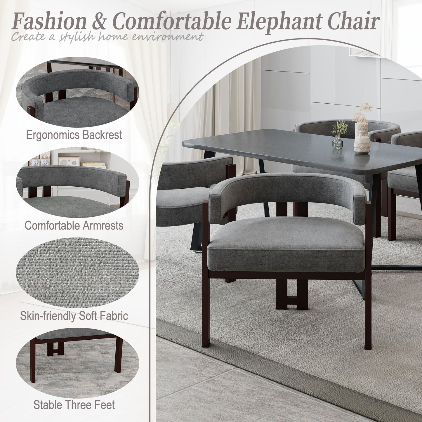 Modern Accent Chair Teddy Upholstered Armchair With Open Back 3 Legs Barrel Dining Chair Comfy Side Chair (Set of 2) - Gray