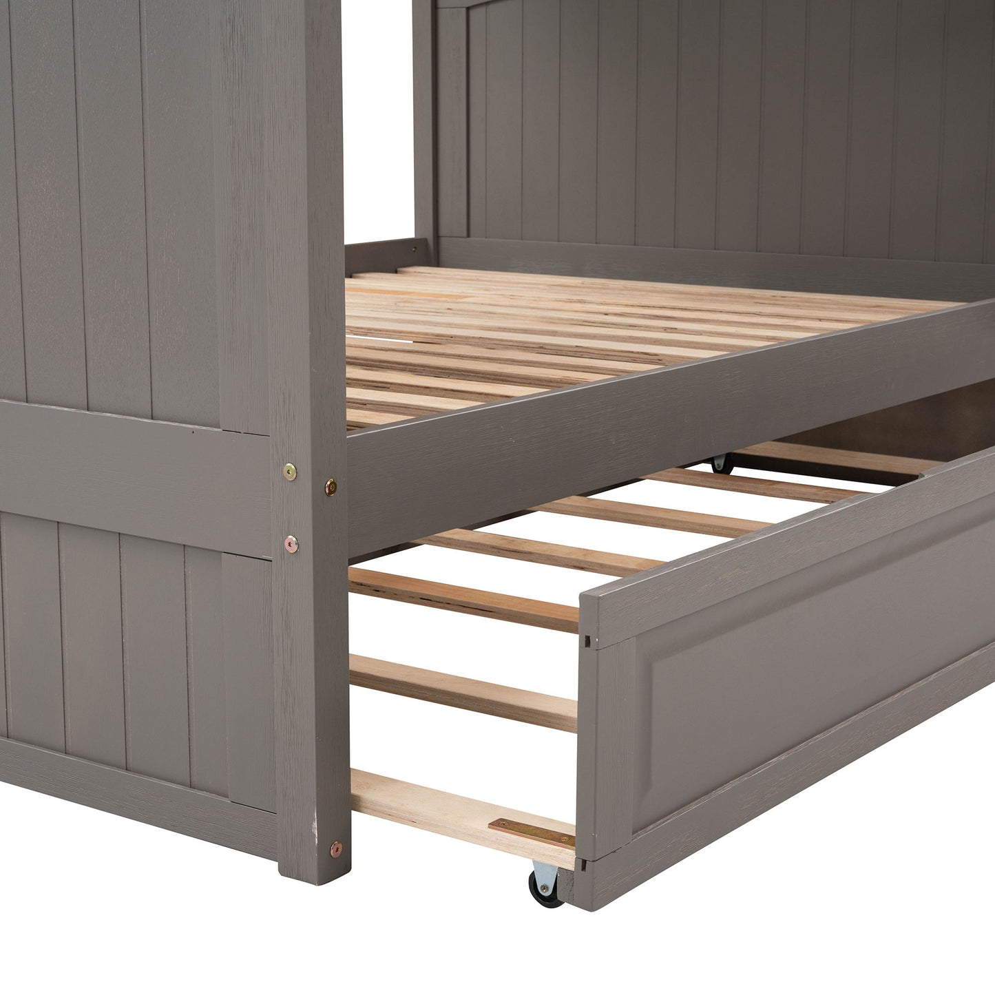 Full Over Full Bunk Bed With Twin Size Trundle, Guardrails - Brushed Gray