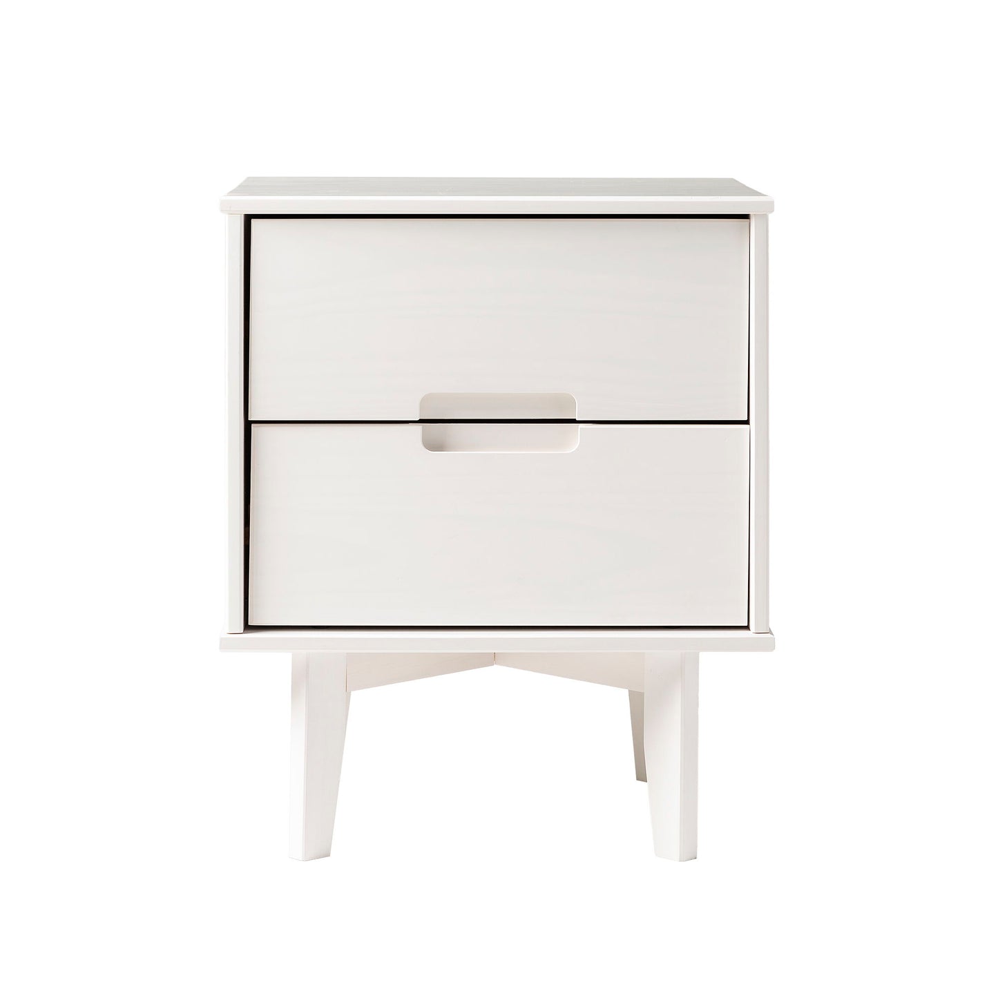 Mid-Century Modern 2 Drawer Solid Wood Nighstand With Cutout Handles - White