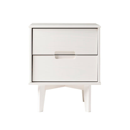 Mid-Century Modern 2 Drawer Solid Wood Nighstand With Cutout Handles - White