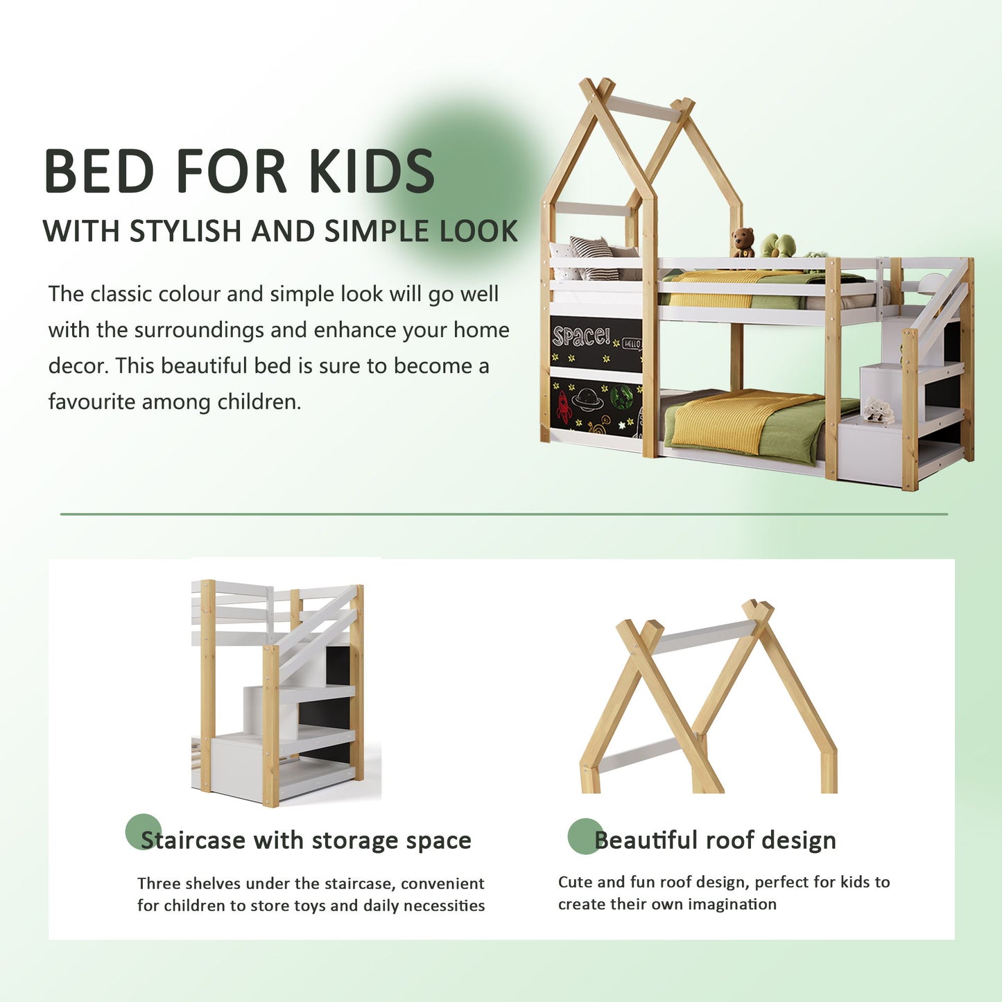 Twin Over Twin House Bunk Bed With White Storage Staircase And 2 Blackboards - White / Natural