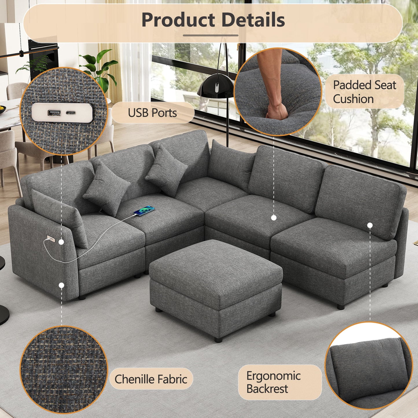 Sectional Sofa Modular Sofa U - Shaped Sofa Couch Sofa Bed L - Shaped Sofa With A Movable Ottoman And Two USB Ports For Living Room - Gray