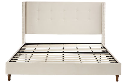 Peyton - King Bed Upholstered With High Headboard, Traditional Hand Buttoned Tufting - Ivory Velvet