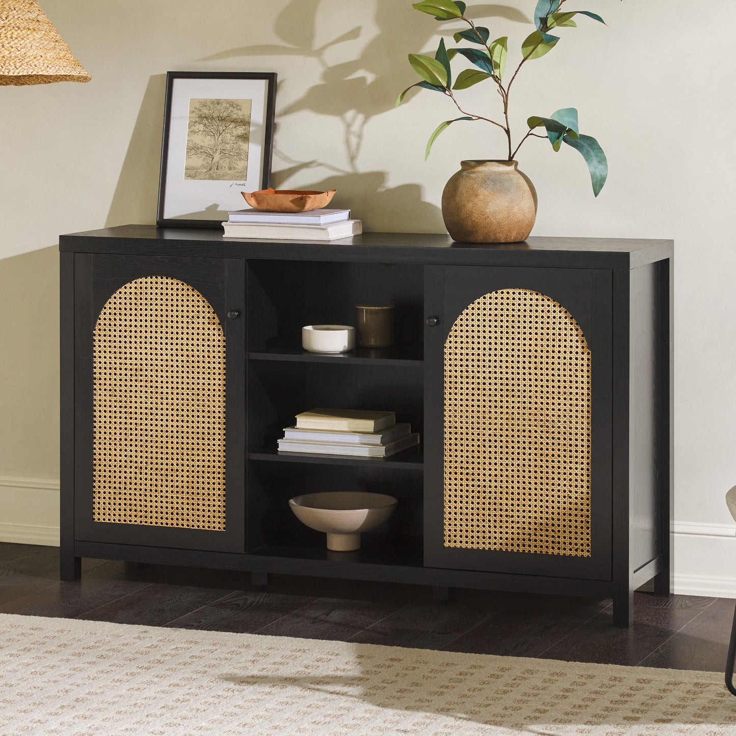 Transitional 2 Door Sideboard With Arched Rattan Panels - Black