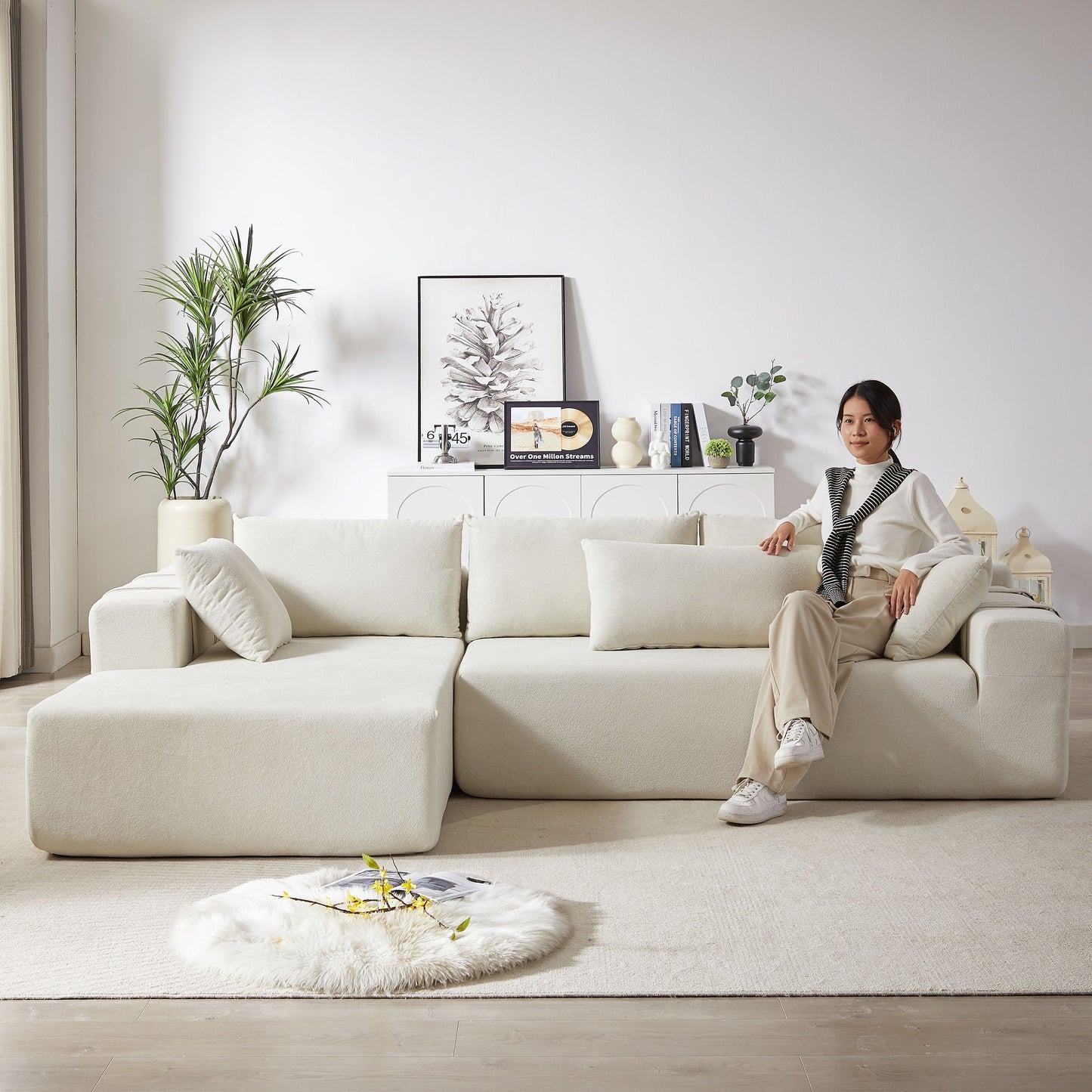 Modern Chenille Upholstered Sectional Sofa Couch Set, Modular L Shaped Sectional Living Room Sofa Set With 6 Pillows, Free Combination - Beige