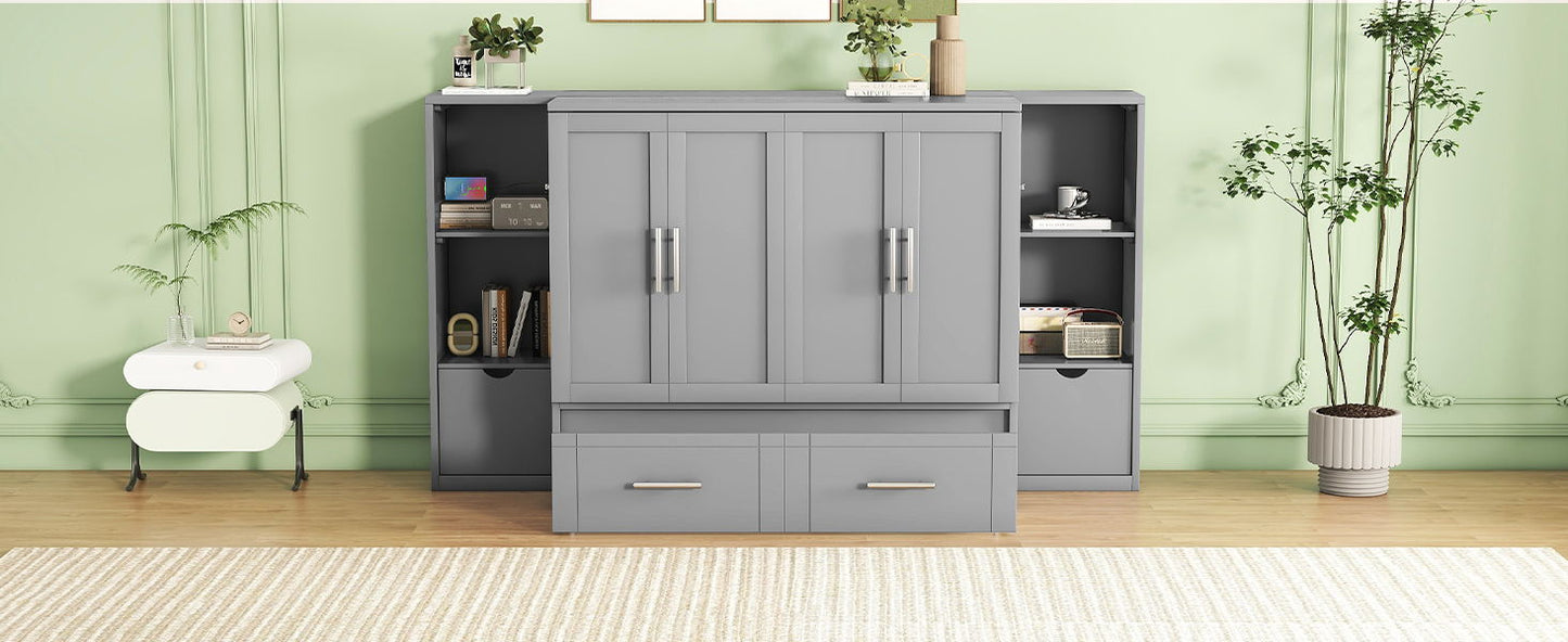 Queen Size Murphy Bed With Shelves, Drawers And USB Ports - Gray