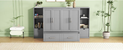 Queen Size Murphy Bed With Shelves, Drawers And USB Ports - Gray