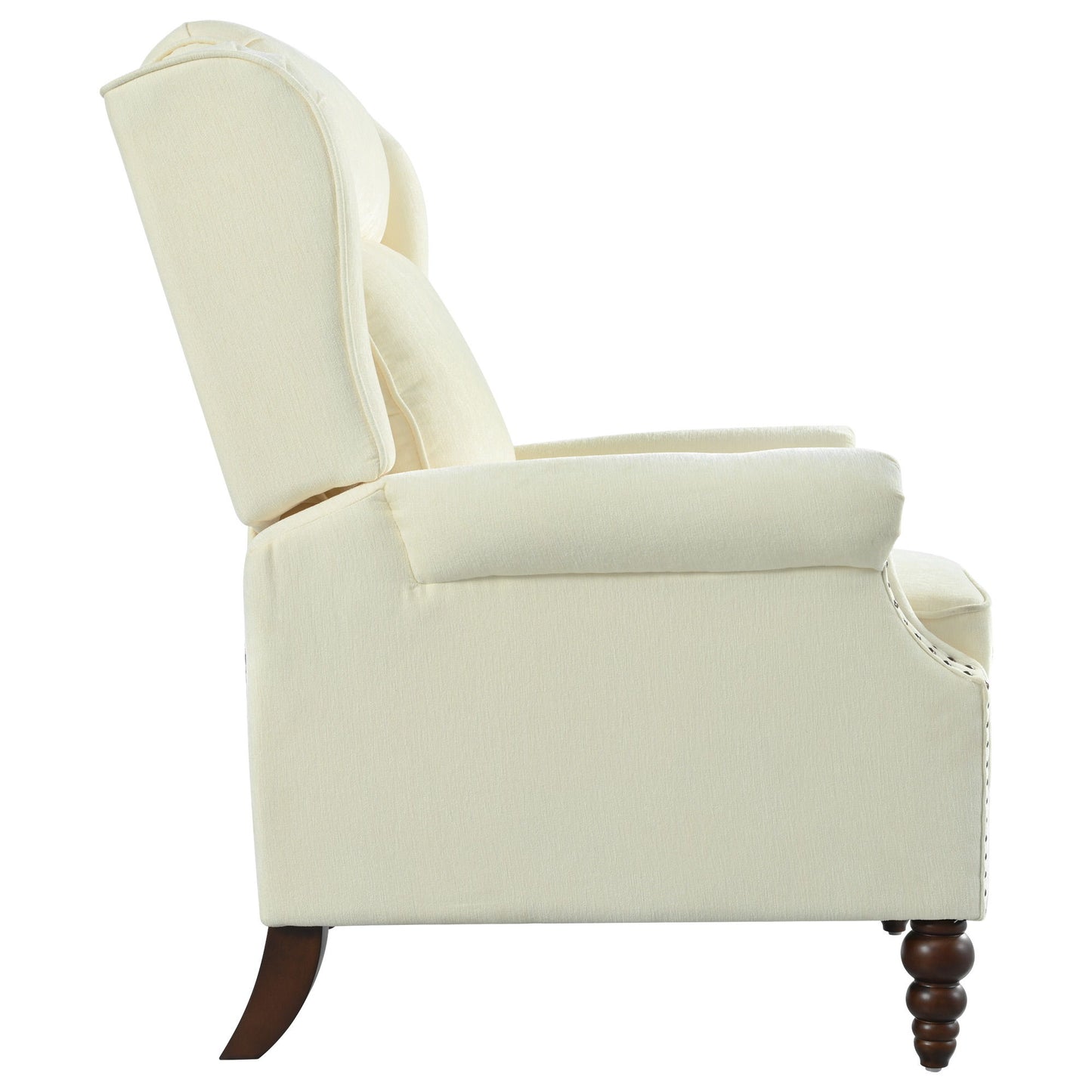 Push Back Recliner Chair Upholstered With Classic Wing Back And Solid Gourd-Shaped Legs For Living Room - Beige