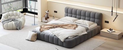Queen Size Upholstered Platform Bed With Thick, Grounded Bed With Solid Frame - Gray