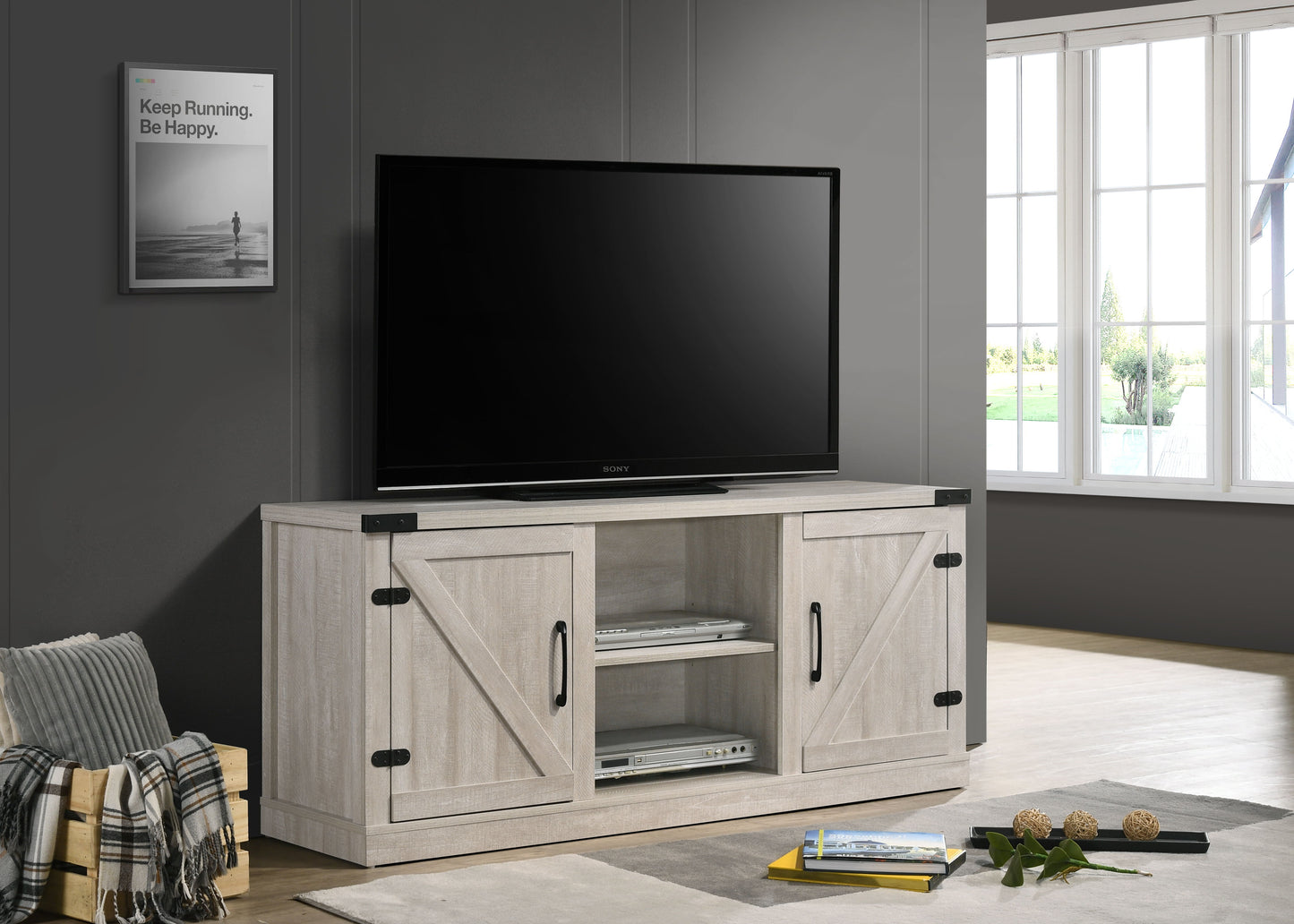 Salma - Wide TV Stand With 2 Open Shelves And 2 Cabinets - Dusty Gray