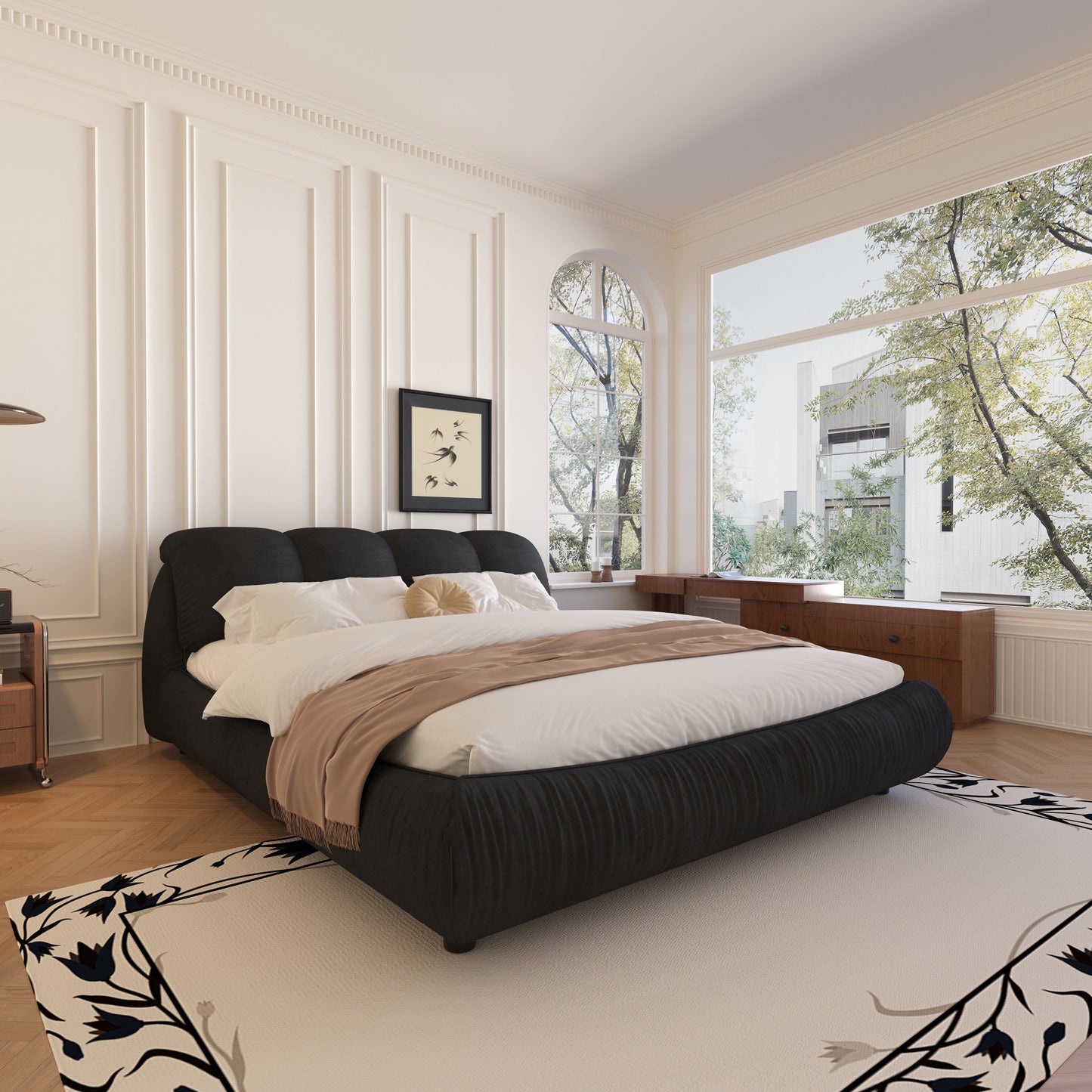 King Size Luxury Upholstered Platform Bed With Oversized Padded Backrest And Solid Wood Frame, Suitable For Multiple Heights Of Mattresses - Black