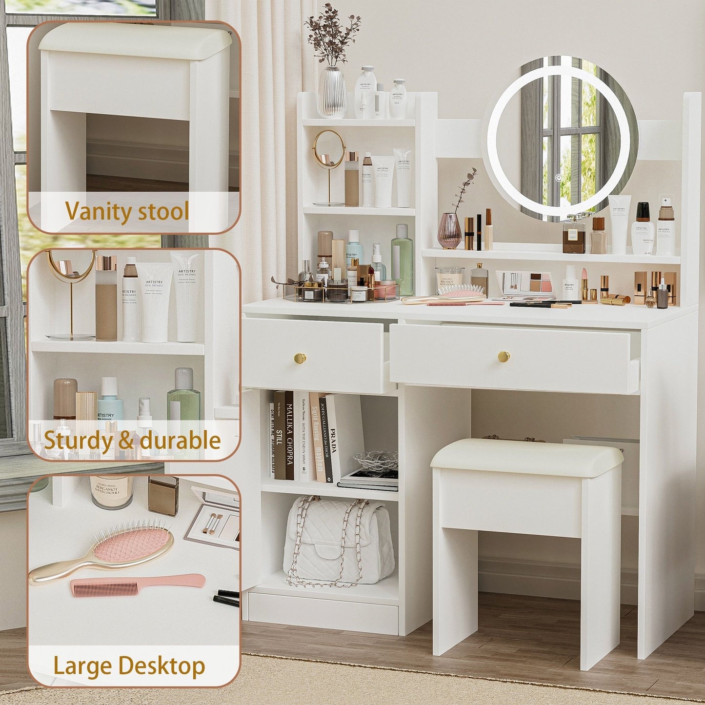Fashion Vanity Desk With Mirror And Lights For Makeup And Cushioned Chair - White