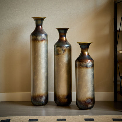 Modern Droplet Shaped Floor Vase Set, Glazed Metal Decorative Vases 3 Piece Home Accent For Living Room - Gold / White