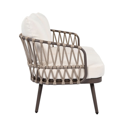 4 Piece Outdoor Patio Furniture Set, Metal Chairs With Woven Rope U Shaped Backrest, Outdoor Conversation Set With Thick Cushions And Coffee Table For Garden, Poolside, Balcony - Brown / Beige