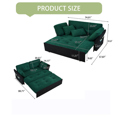 Modern Convertible Sleeper Sofa Bed With Pull Out Queen Design, Side Storage & Thick Cushions Chenille Loveseat For Living Room Or Bedroom 3 In 1 Function - Green