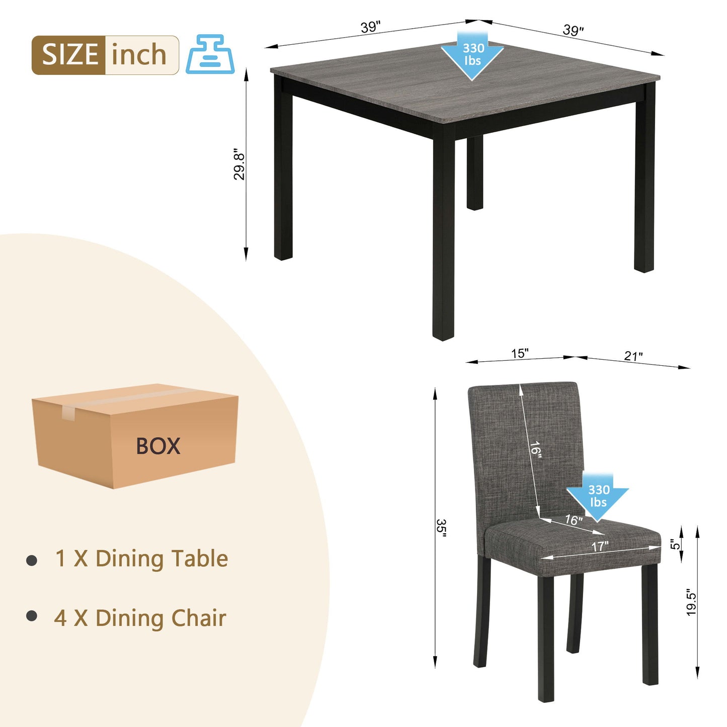 Modern 5 Piece Dining Table Set With 4 Chairs For Kitchen Or Dining Room - Light Gray / Black