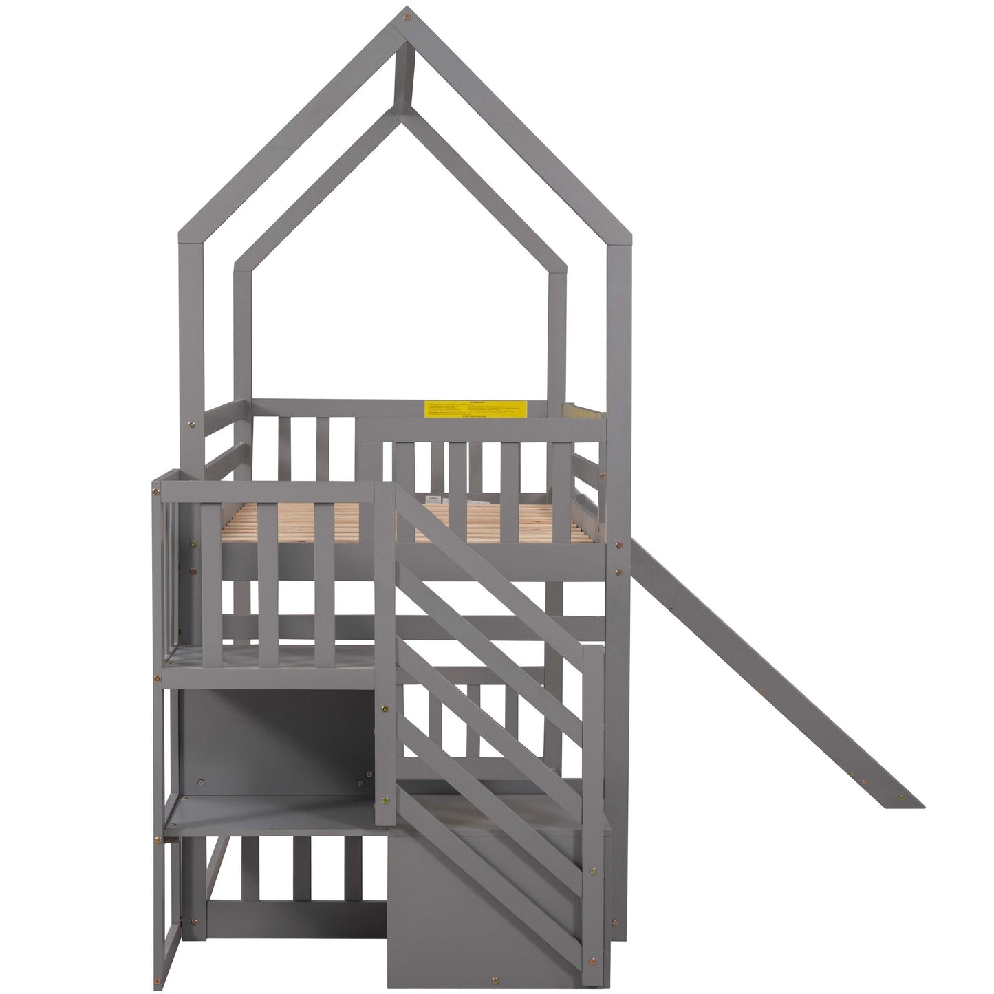 Twin Over Twin House Bunk Bed With Convertible Slide, Storage Staircase Can Be Placed Left Or Right - Gray