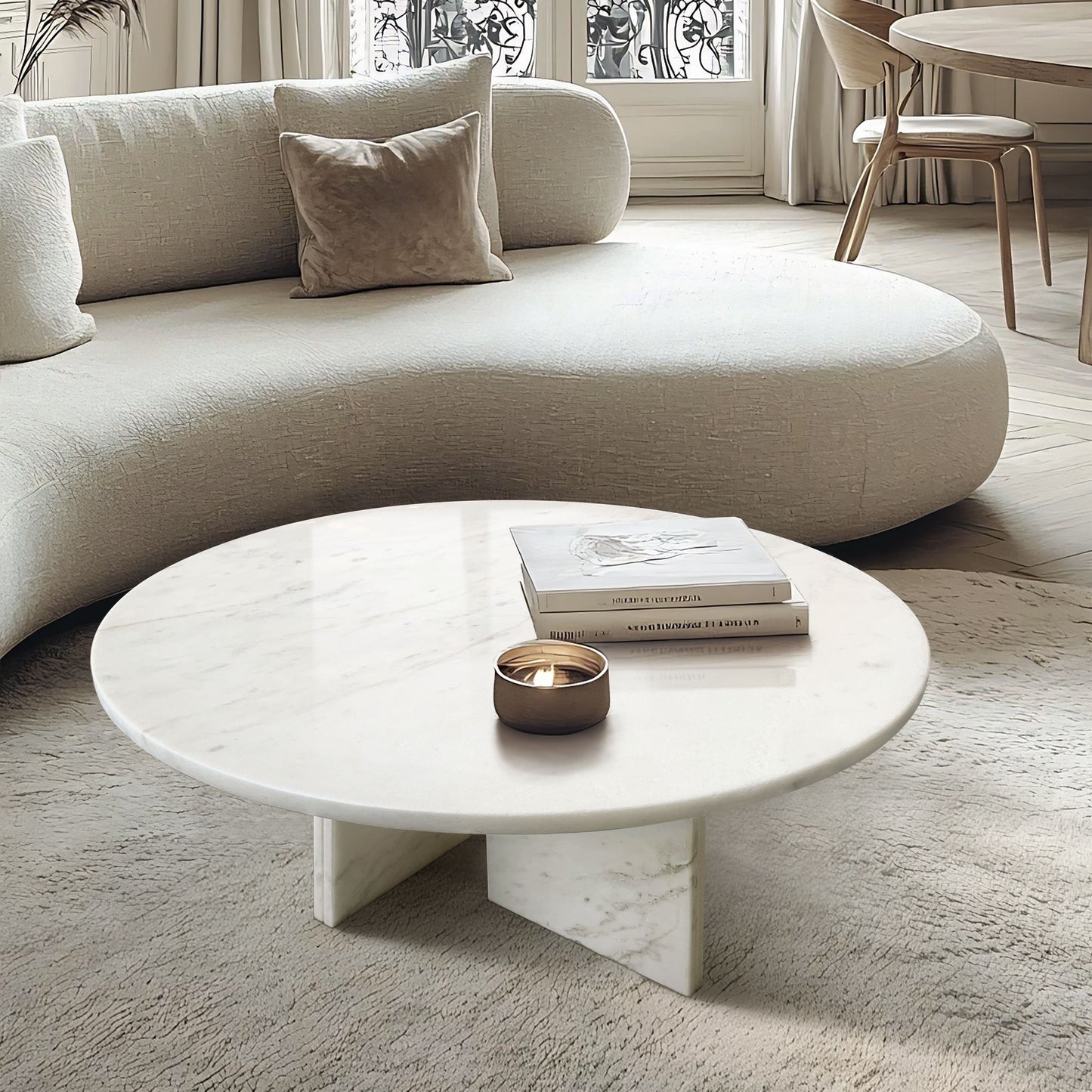 Luxury Marble Coffee Table Set Snow Mountain, Genuine Marble - White
