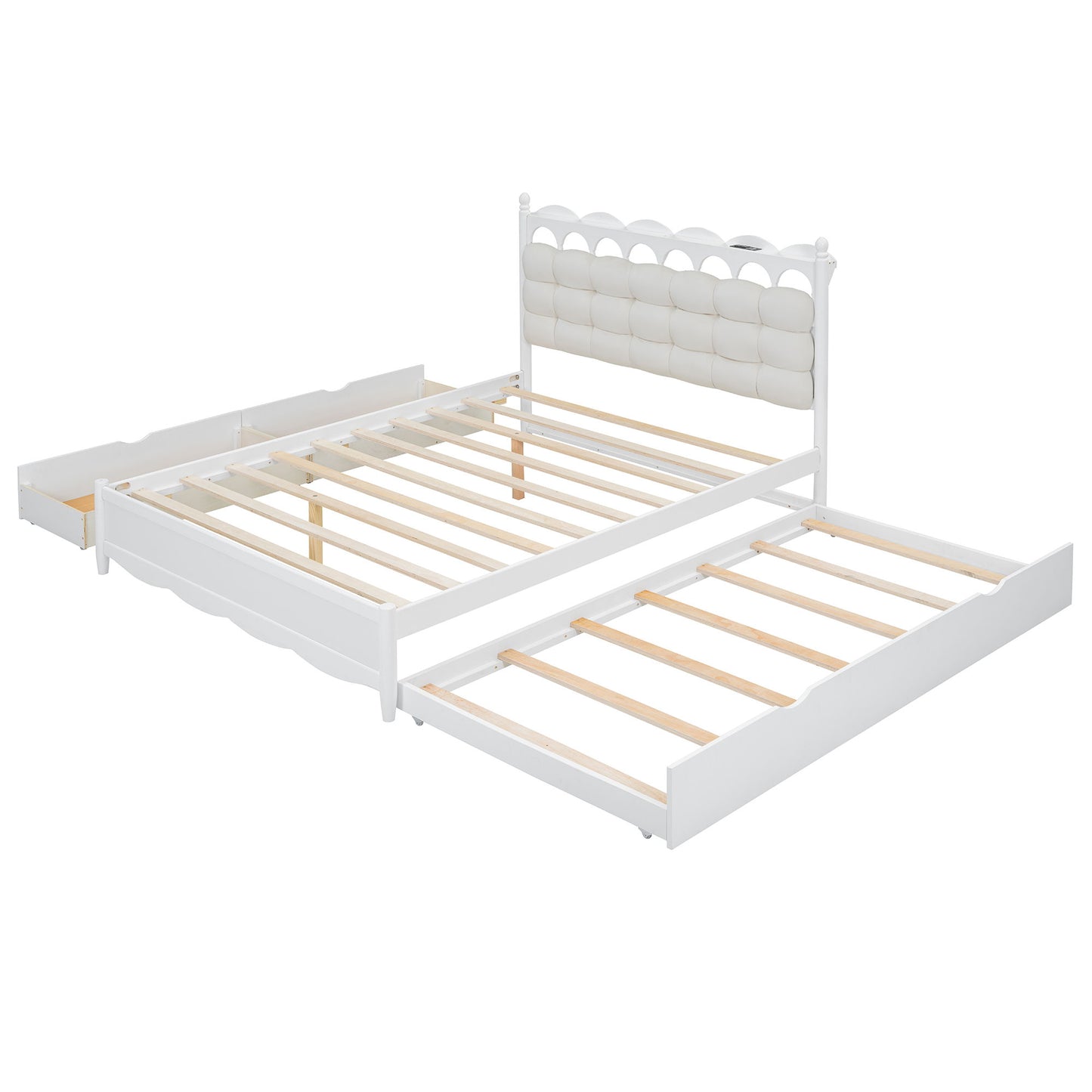 Queen Size Storage Platform Bed, With 2 Big Drawers, Twin Long Size Trundle, One Set Of Sockets & USB Ports - White