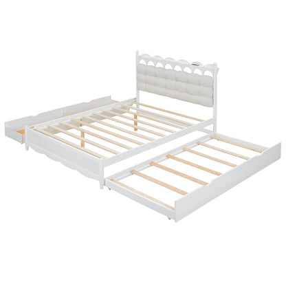 Queen Size Storage Platform Bed, With 2 Big Drawers, Twin Long Size Trundle, One Set Of Sockets & USB Ports - White