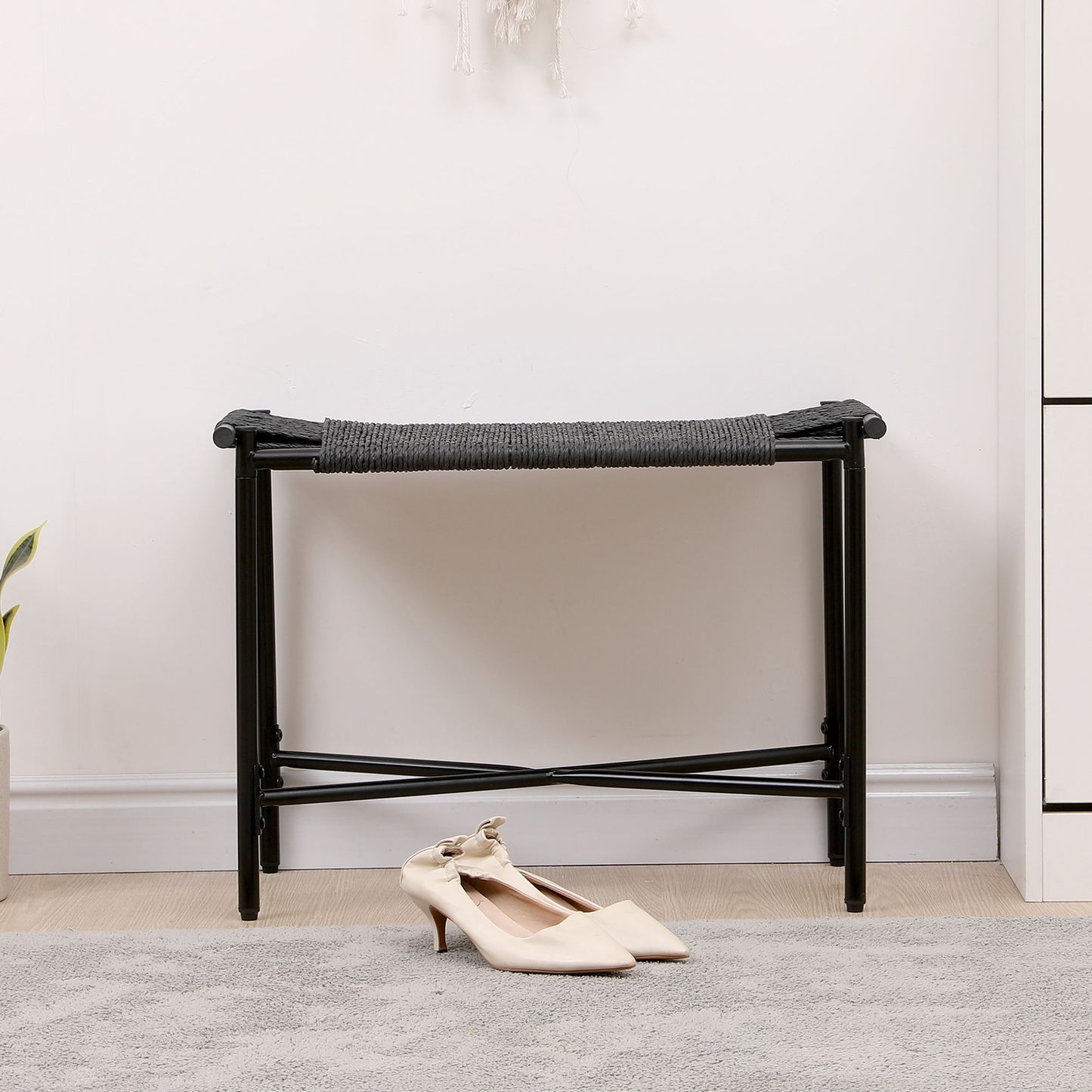 Handwoven Paper Rope Foot Rest Shoes Stools Ottomans For Entryway, Living Room, Bedroom & Office - Black