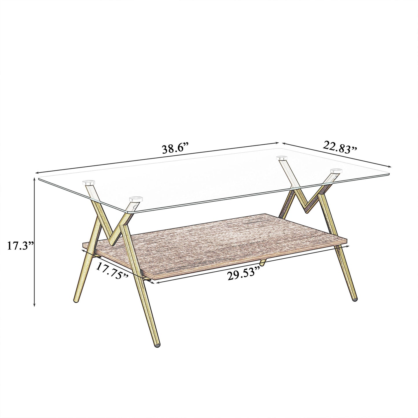 Rectangle Coffee Table With Tempered Glass Top And Golden Metal Legs, Modern Table For Living Room, Transparent Glass - Gold / Dark Brown