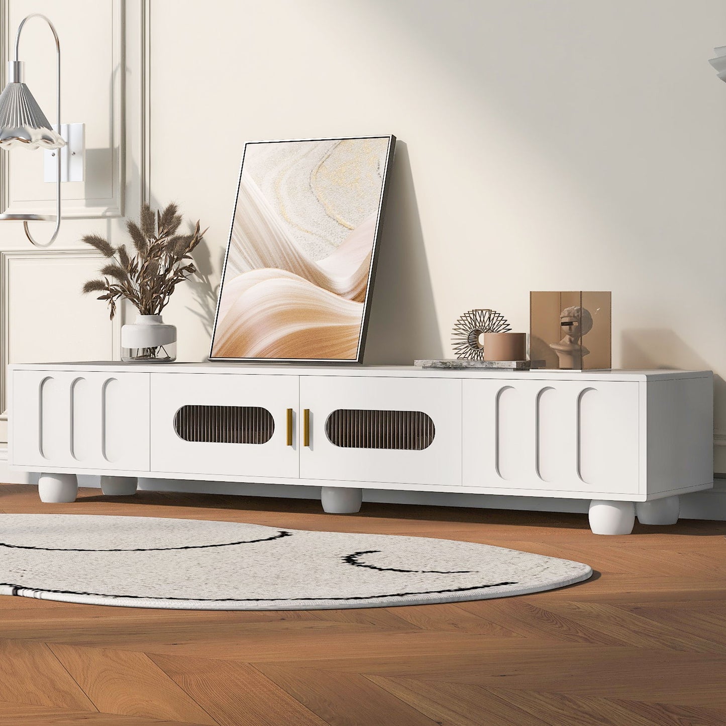Modern TV Stand For TVs Up To 80", Entertainment Center With Glass Door, 2 Drawers And Cabinets, Wood TV Storage Cabinet With Solid Wood Legs And Metal Handles For Living Room - White