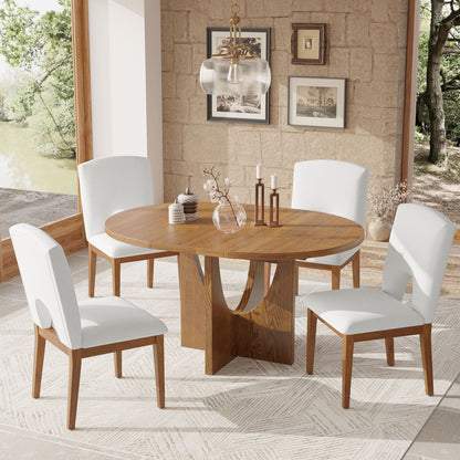 Topmax - 5 Piece Modern Extendable Round Dining Table Set With Removable Leaf For Small Places - Walnut / Beige