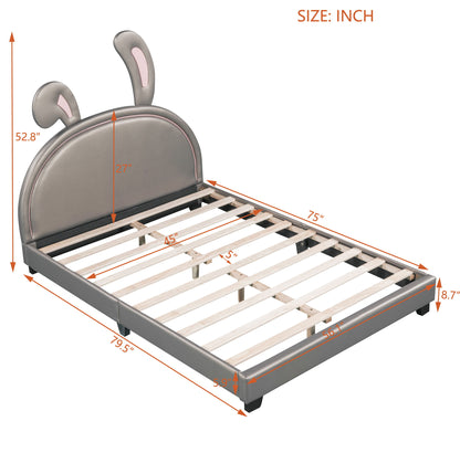 Full Size Upholstered Leather Platform Bed With Rabbit Ornament - Gray