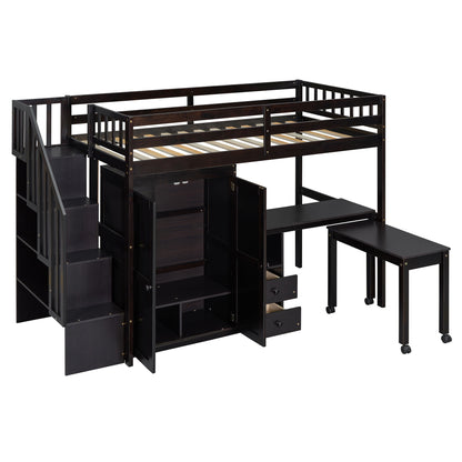 Twin Size Loft Bed With Stairs, Bookshelf, Drawers, Desk & Wardrobe, Space Saving Multifunctional Furniture - Espresso