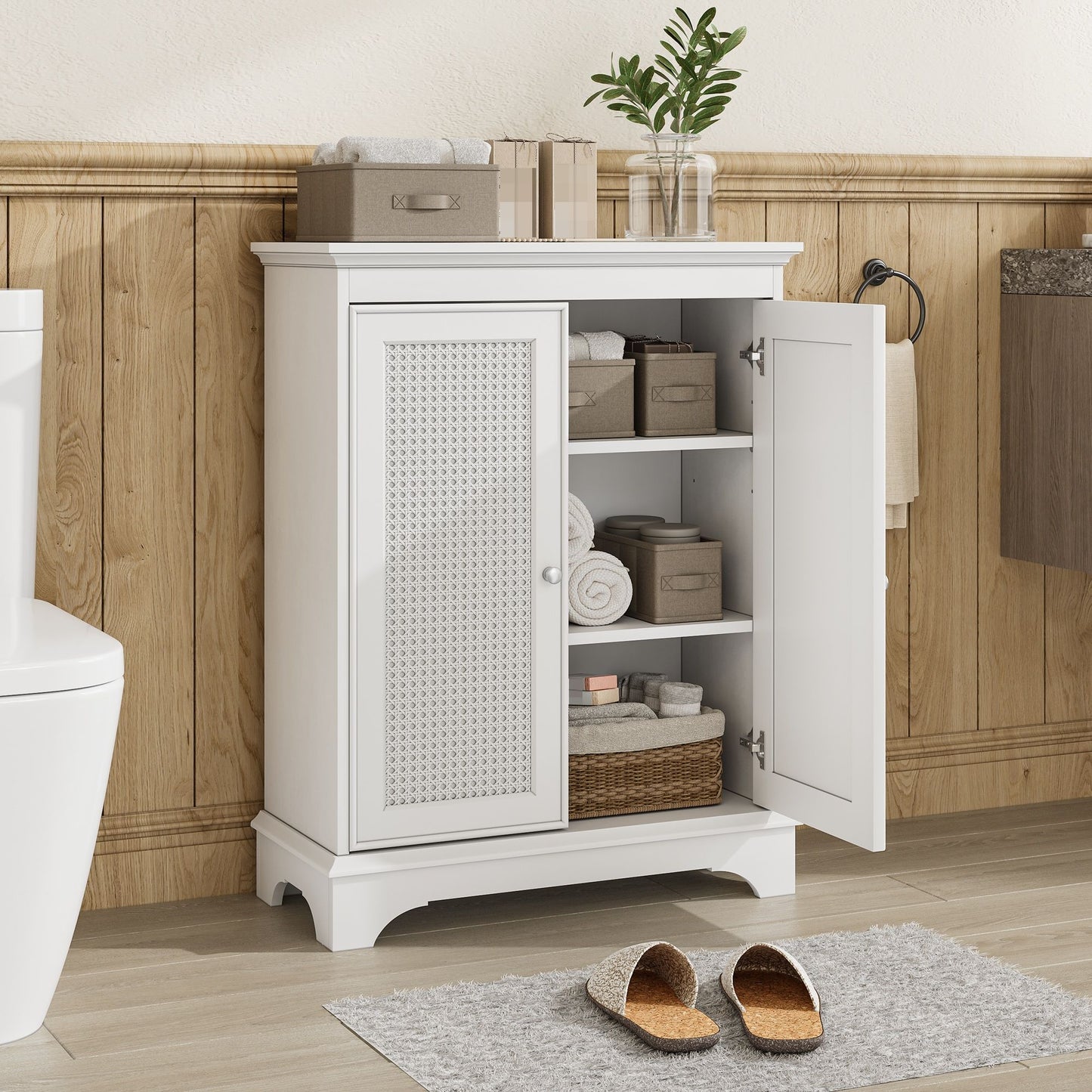 White 2 Door Rattan Storage Cabinet With Adjustable Partition, Medieval Modern Independent Buffet Cabinet, Multifunctional Decorative Cabinet Suitable For Living Room, Kitchen, Bathroom - White