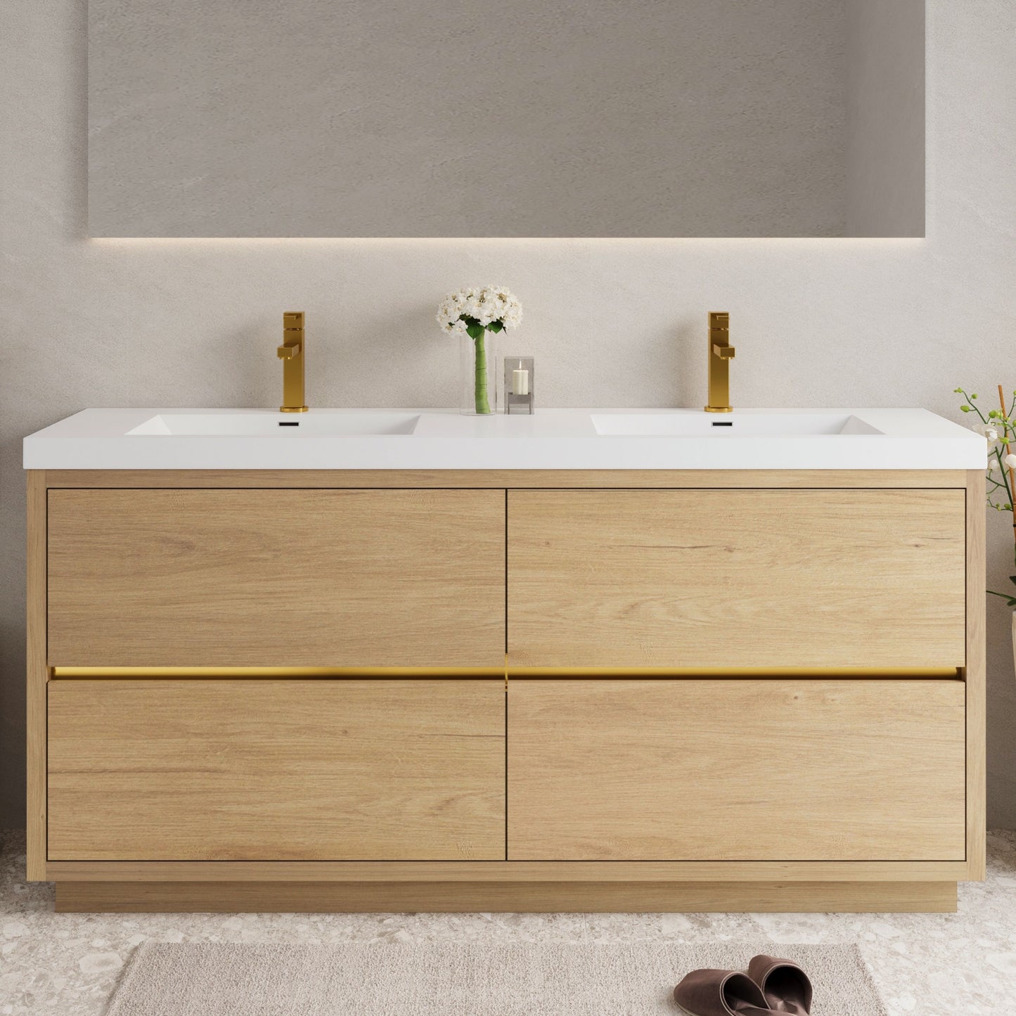 Bathin Freestanding Bathroom Vanity With Double Sinks, Bathroom Storage Vanity Cabinet With Stone Resin Countertop And Soft Close Drawers - Natural Oak