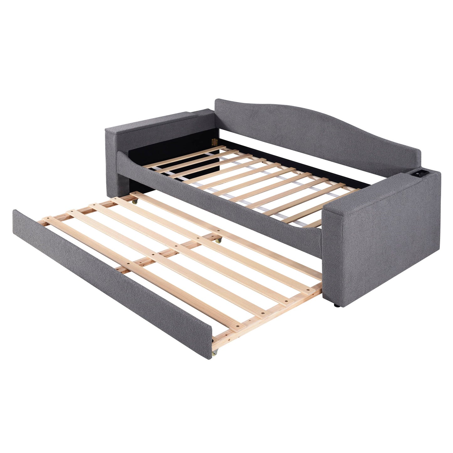 Twin Size Upholstered Daybed With Storage Armrests, Trundle And Latest Integrated Bluetooth Audio System - Gray