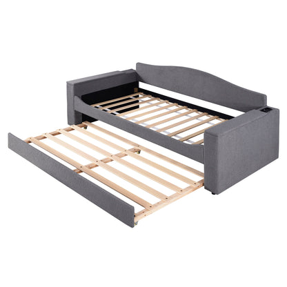 Twin Size Upholstered Daybed With Storage Armrests, Trundle And Latest Integrated Bluetooth Audio System - Gray