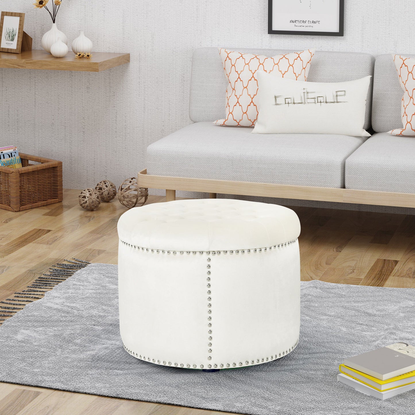 Elegant Round Ottoman With Studded Rim - Beige