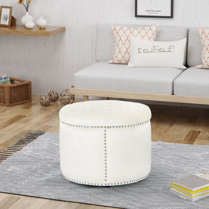 Elegant Round Ottoman With Studded Rim - Beige