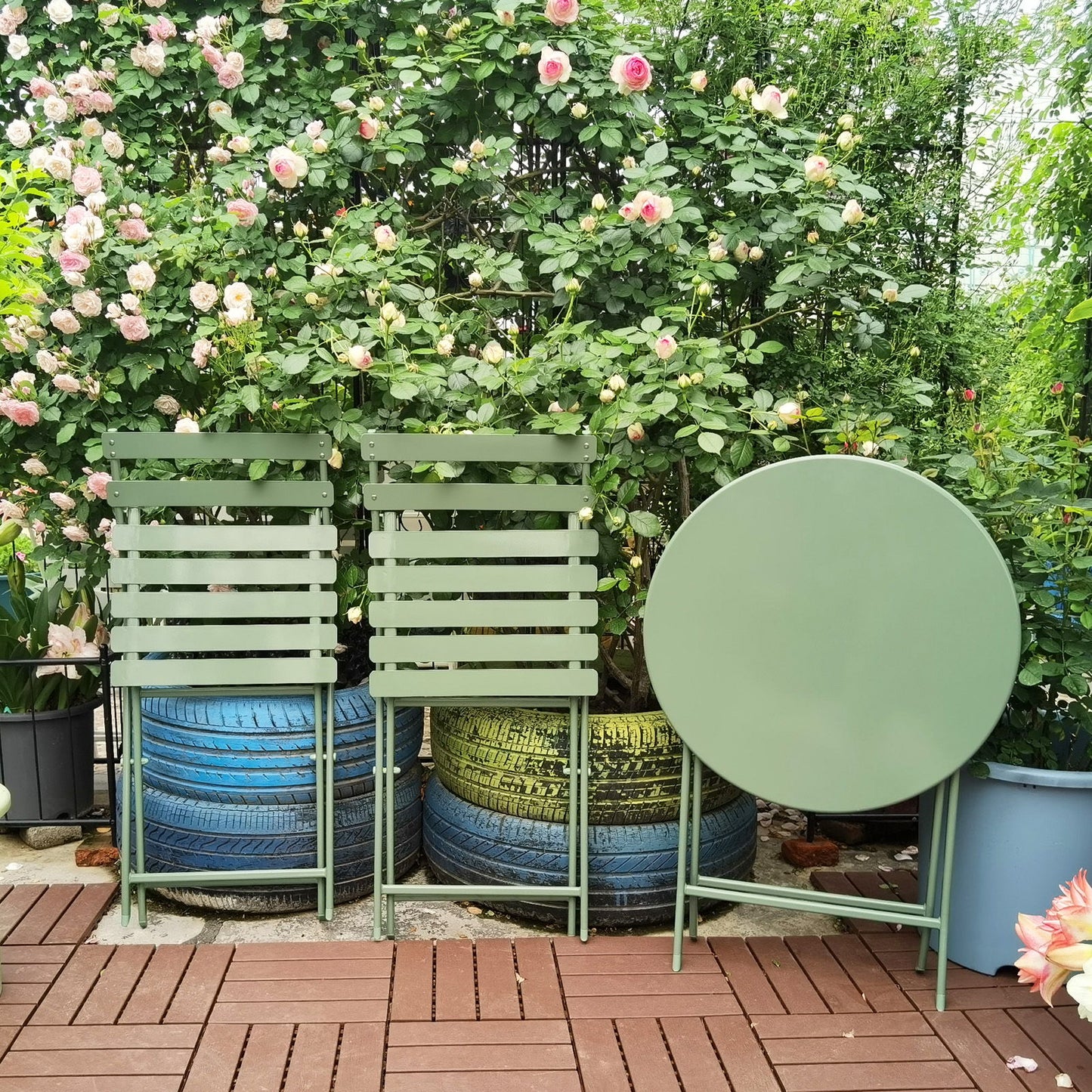 3 Piece Patio Bistro Set Of Foldable Round Table And Chairs - Dark Green
